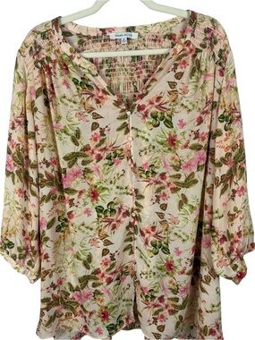 Rose & Olive Cream Floral Button-Front 2X Blouse in Pink & Green Print